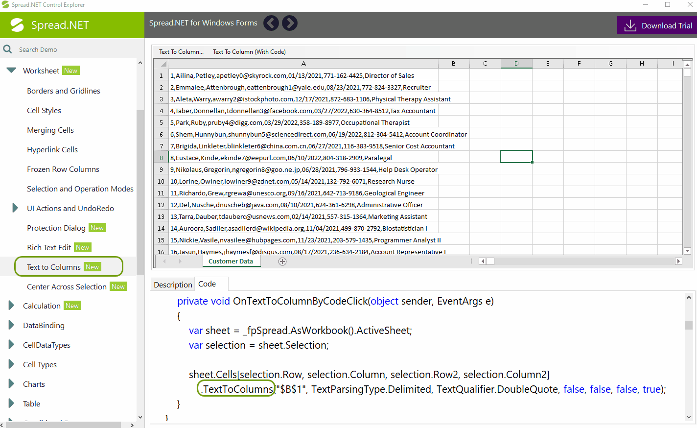Using Spread.NET's Text to Columns method in C# code
