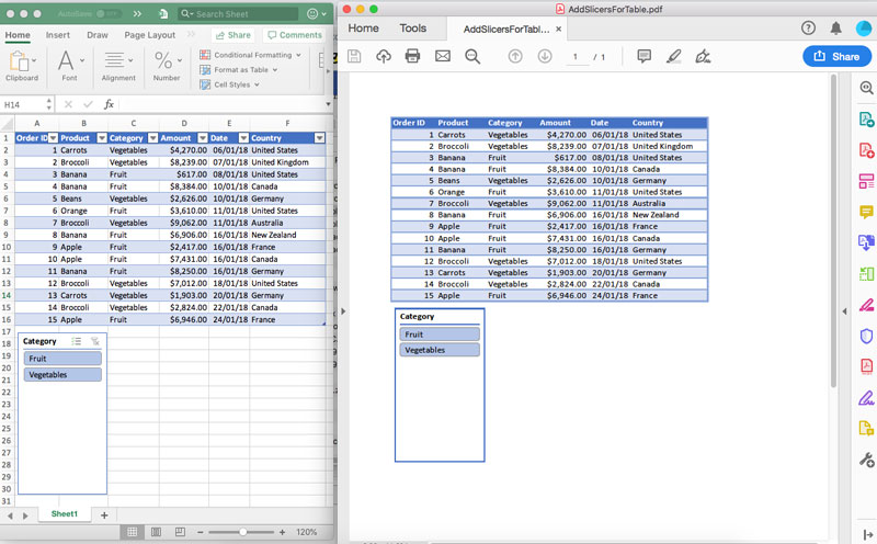 Conversion of Excel Spreadsheets having Slicers to PDF using GrapeCity Documents for Excel Java v3.0