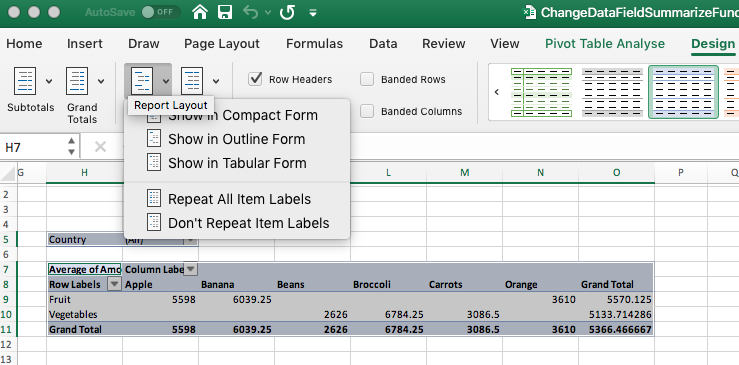 Report Layout in Pivot Tables using GrapeCity Documents for Excel Java v3.0
