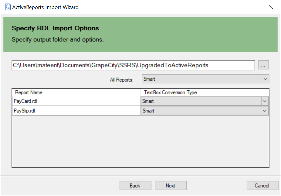 Specify RDL Import Options