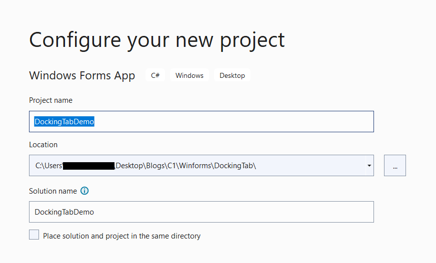 Define Name for New Windows Form Project