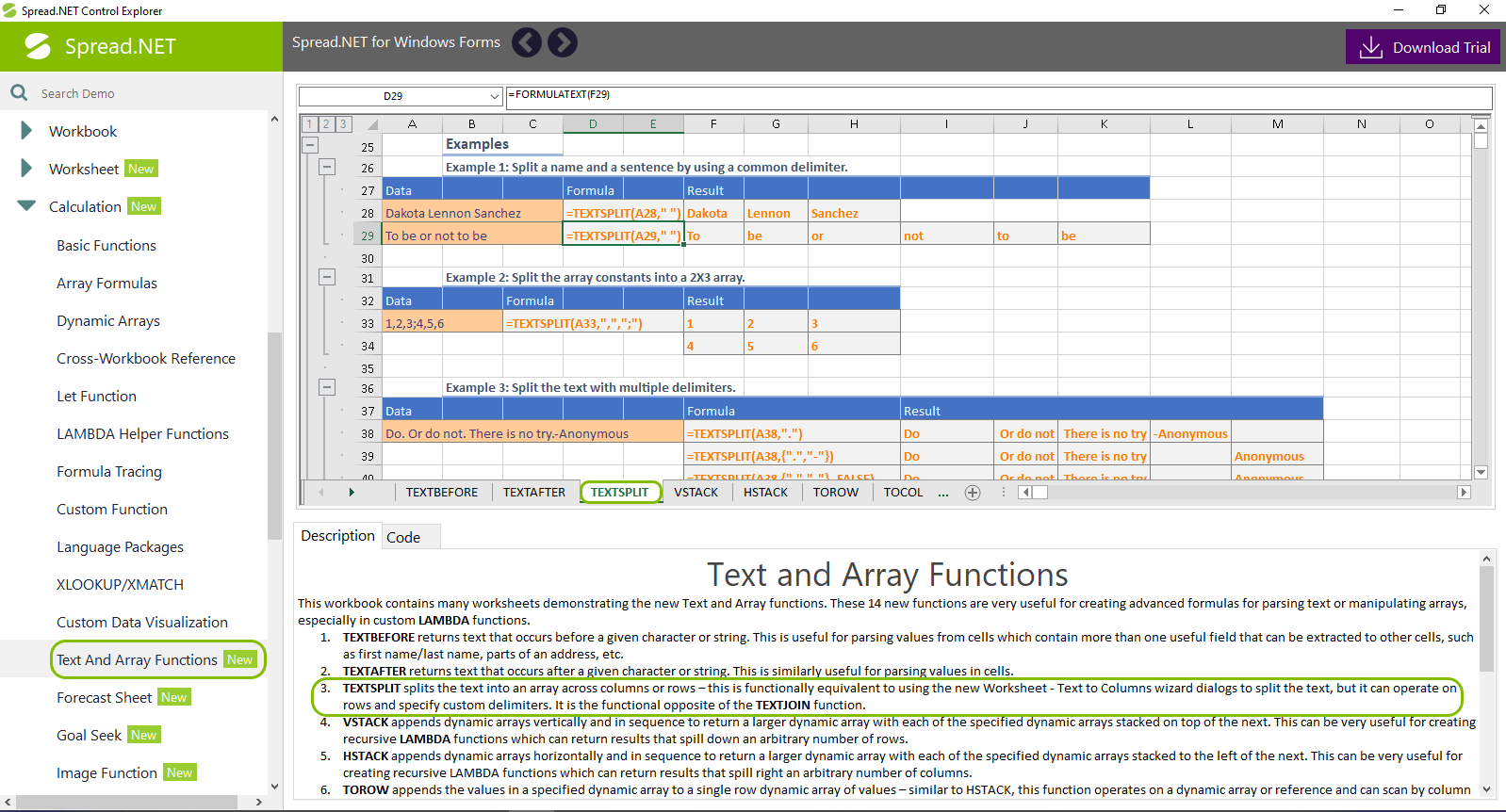 Check out the Spread.NET Demo Explorer to learn more about the TEXTSPLIT Function.
