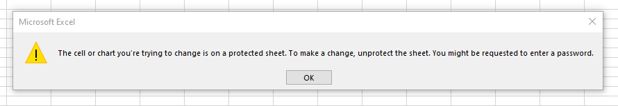 Excel prompt informing the user that worksheet is protected.