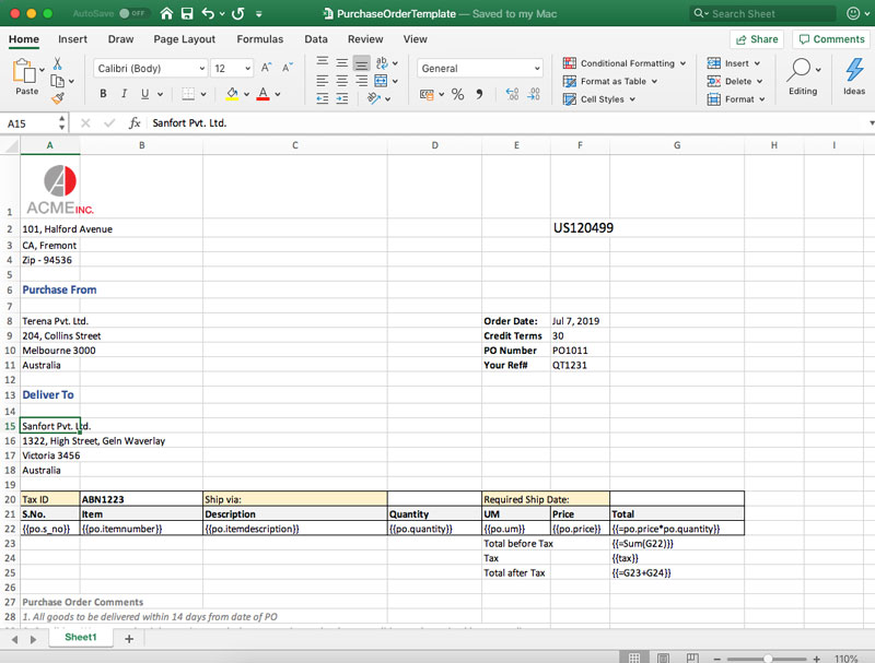 Purchase Order Excel Template Example using GrapeCity Documents for Excel Java v3.0
