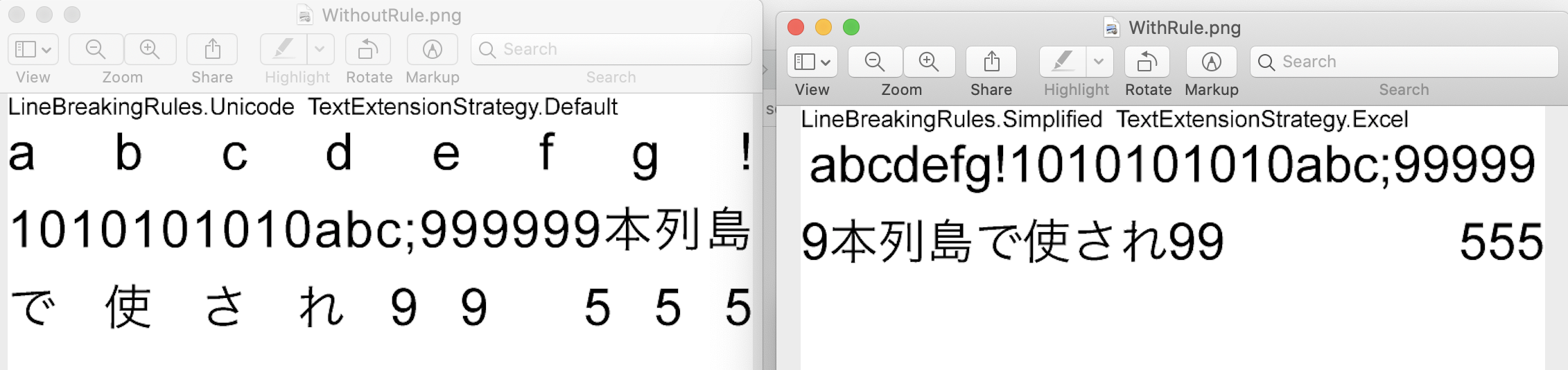 Text with simple and unicode LineBreakingRule