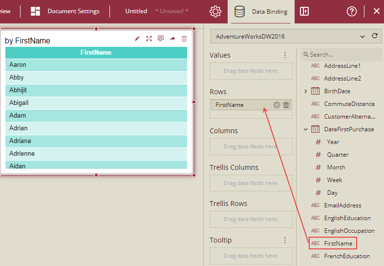 Drag FirstName to Rows 