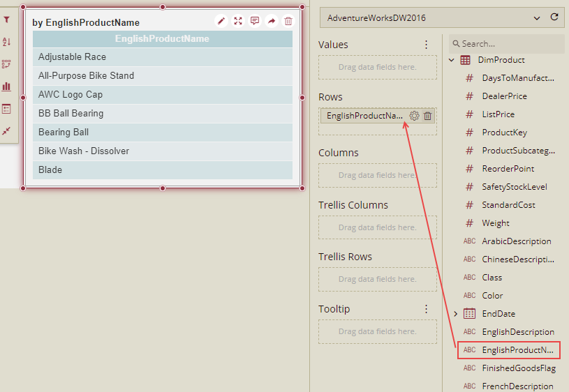 Drag Product Name to Rows 