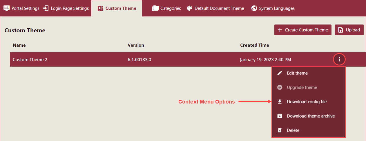 Context Menu Options of the Custom Theme