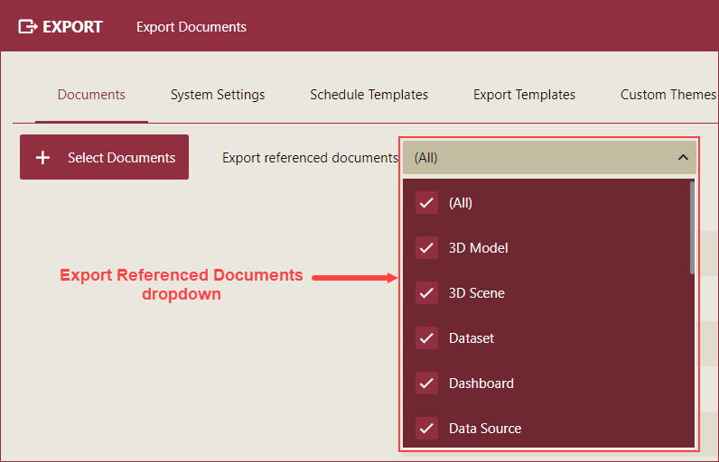 Export referenced documents checkbox