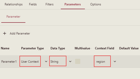 Set Parameter Properties in the Parameters tab of the Dataset Designer
