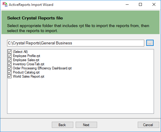 ActiveReports Import Wizard - Select Crystal Report File