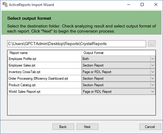 ActiveReports Import Wizard - Select Output Format
