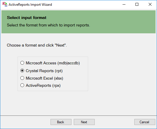ActiveReports Import Wizard - Select Input Format