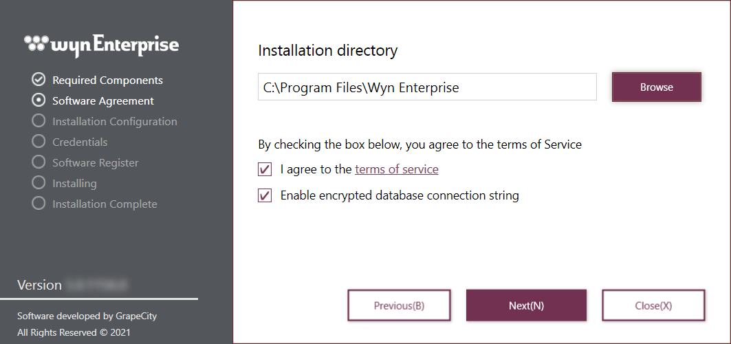 Confirm the software agreement for Wyn Enterprise Installer