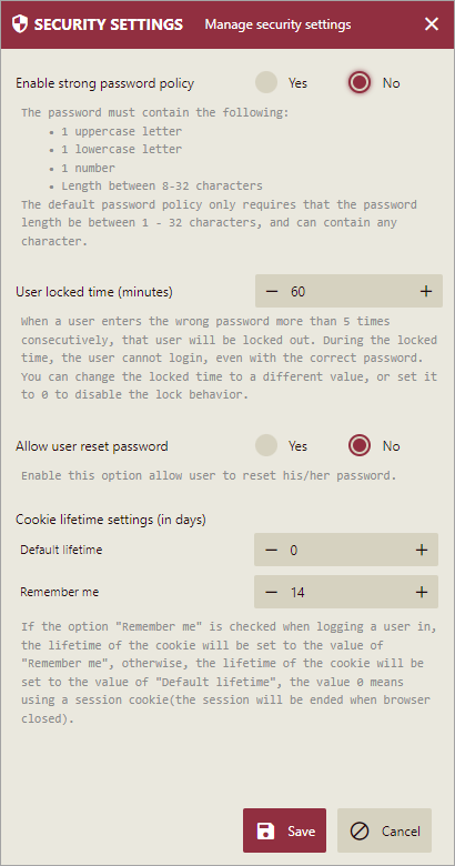 Security Settings page