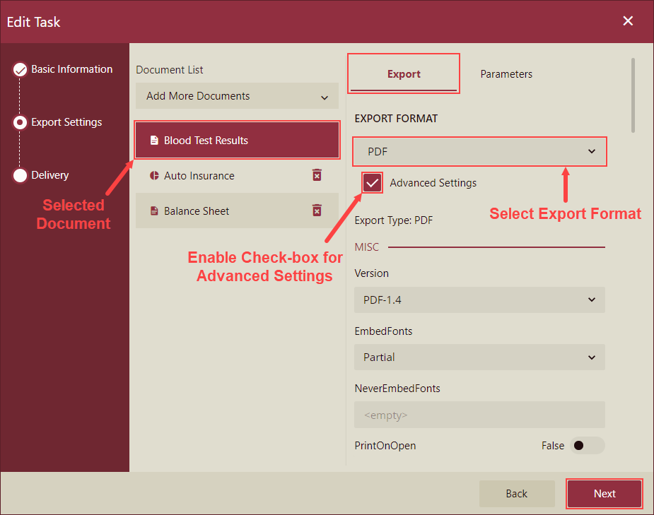 Document Binding - Export Settings on Add Task Popup