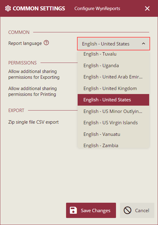 Report Language Dropdown