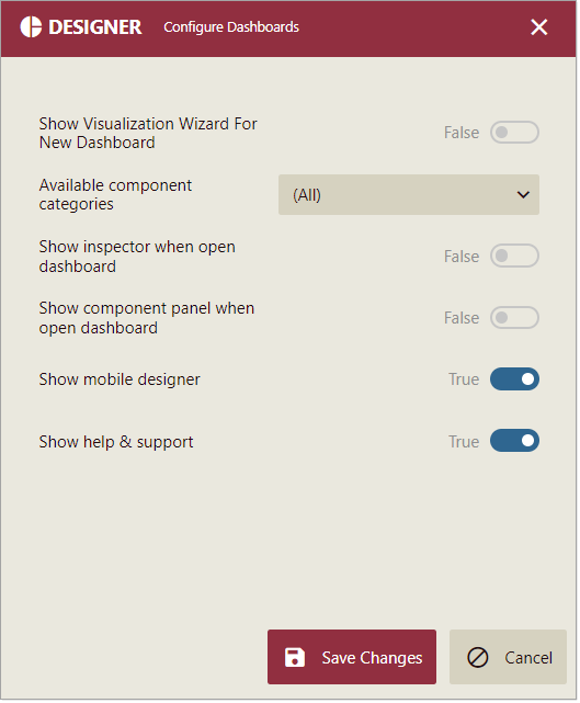 Dashboard Designer Settings Page