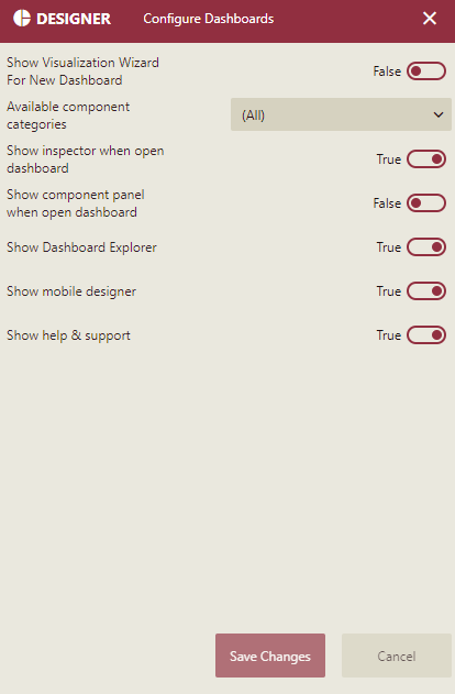 Dashboard Designer Settings Page