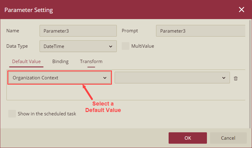 Parameter Settings - Default Value tab