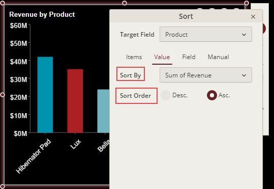 Specify the sort by and sort order fields