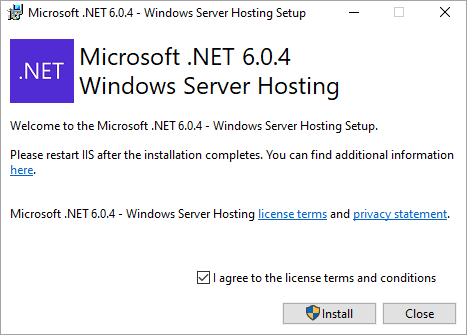 Windows Server Hosting Installation Dialog