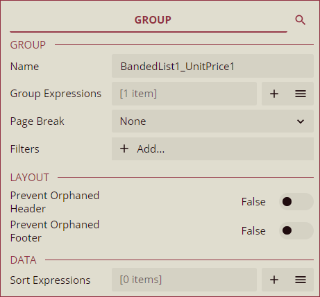 Inspector Panel properties of Groups in Banded List