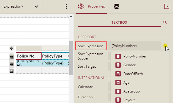 Specifying the sort expression for the table