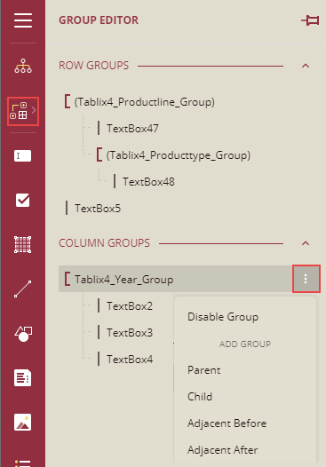 Adding column group using the Ellipsis icon