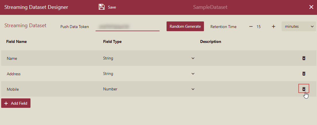 Delete a field in the Streaming Dataset